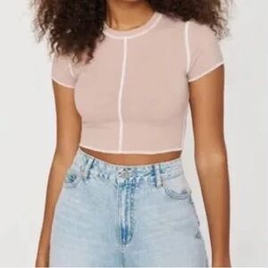 Garage, size small, brown cropped tee with white seams